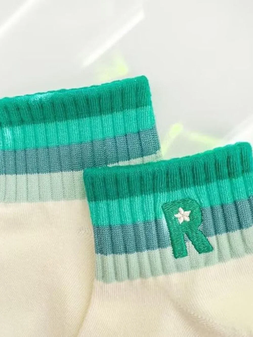 5 Pair Stripe Ankle Socks R Monogram one size fits most Womens. New Pink Green